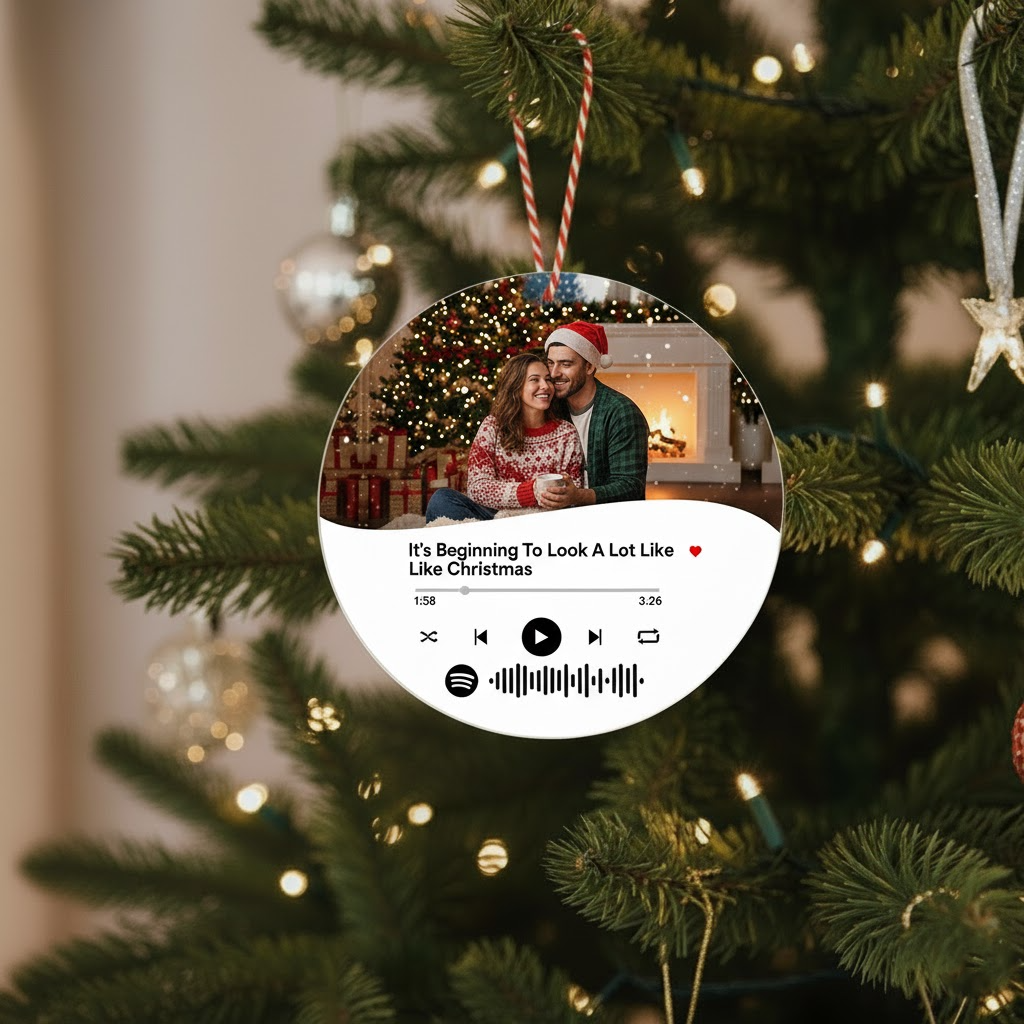 pallina di Natale con foto e canzone appesa all'albero