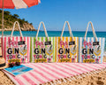 Borsa mare in canvas laminato con stampa Per me un Gin Tonic grazie, manici in corda e design colorato disponibile in quattro colori.