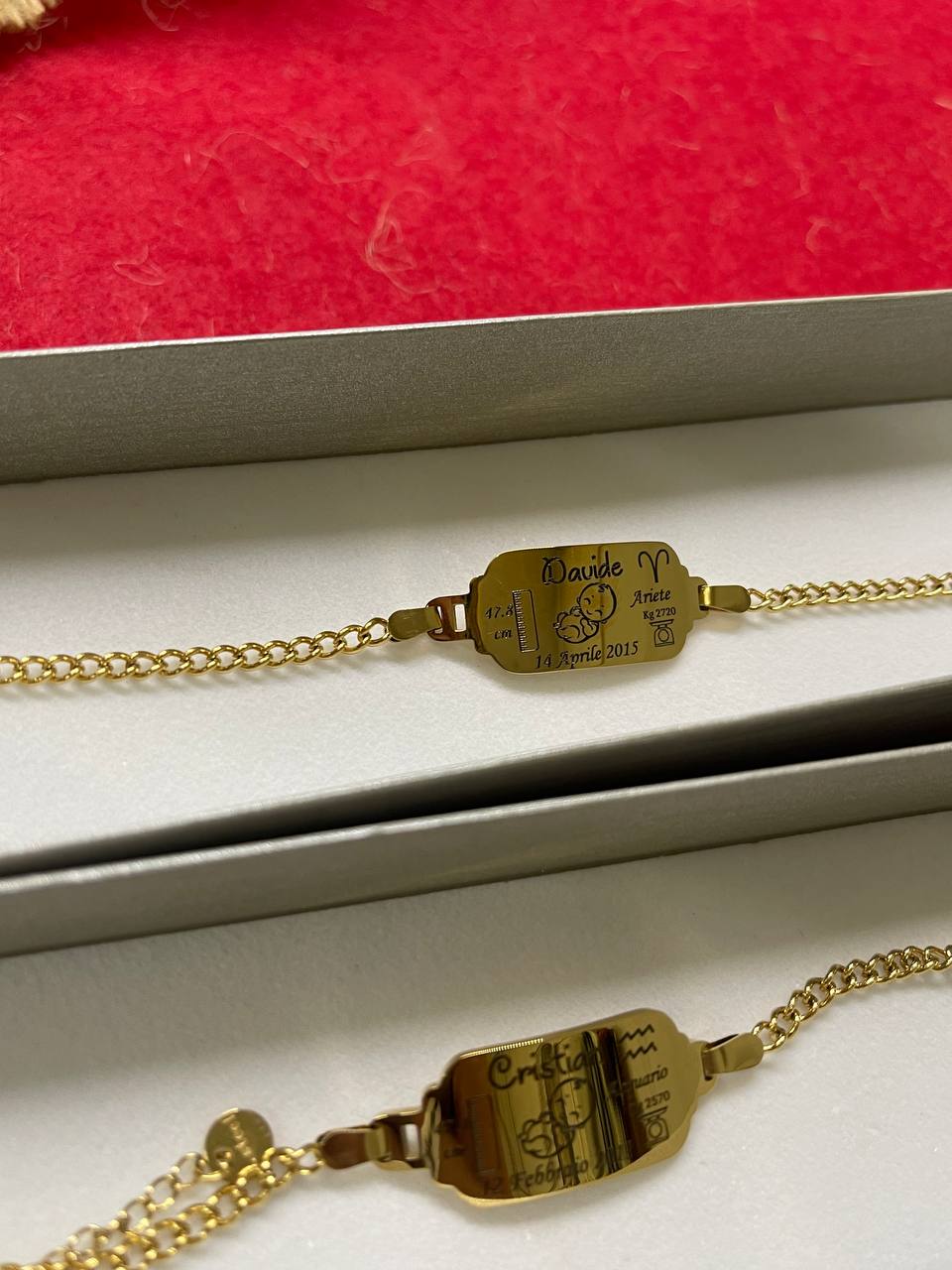 Bracciale elegante in acciaio con incisione personalizzata, comprensivo di segno zodiacale, nome e data di nascita, ideale per un regalo indimenticabile.