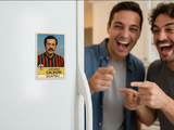 Dettaglio magnete in plexiglass con stampa UV diretta e taglio laser, raffigurante Luciano Calboni dal film Fantozzi – Scapoli contro Ammogliati, stile figurina Panini.