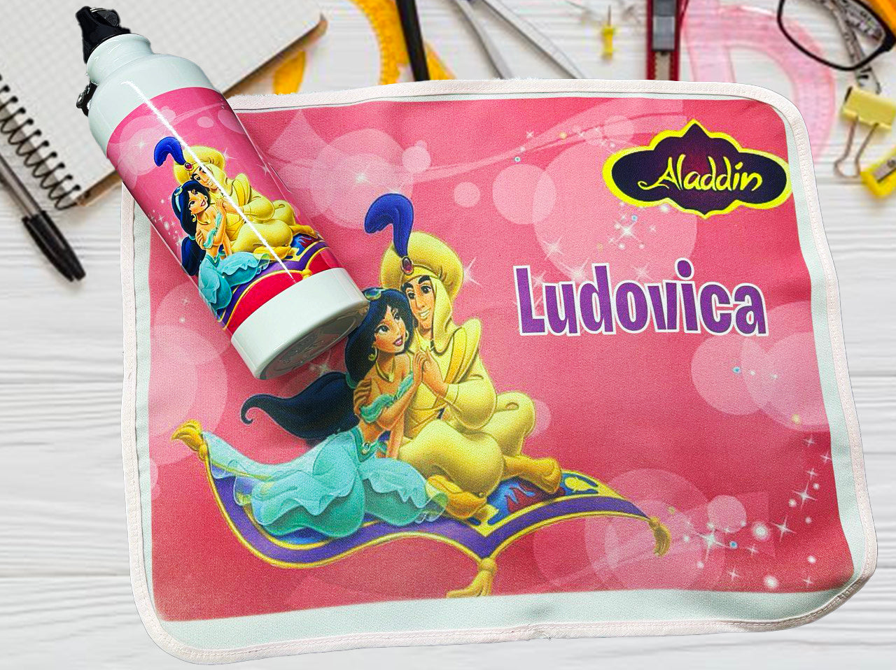 Aladdin Set Scuola Personalizzato - Borraccia e Tovaglietta per Bambini
