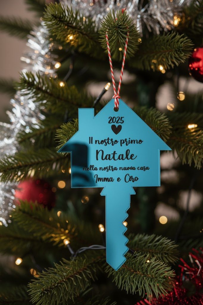 Pallina di Natale celeste specchiata con cordino bianco e rosso