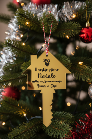 pallina di Natale a forma di chiave in plexiglass oro specchio incisa