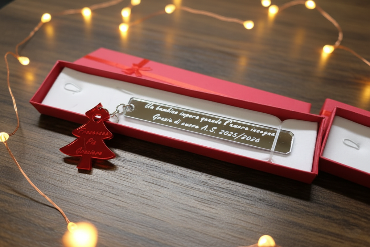 Segnalibro in plexiglass per maestra dentro confezione regalo rossa per Natale
